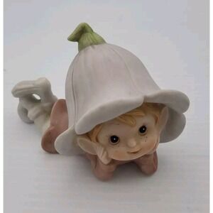 Vintage Homco 4.5" Pixie Girl Elf With Purple Flower Hat & Pink Dress Figurine